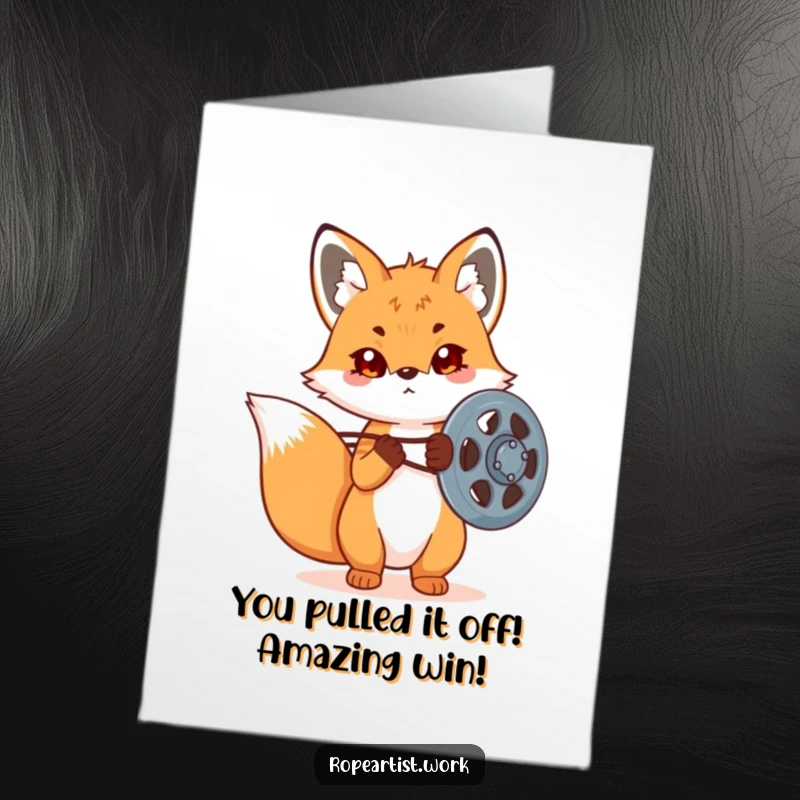Funny free printable congratulations card: Focused kawaii fox adjusting a large pulley, symbolizing determination and achievement.