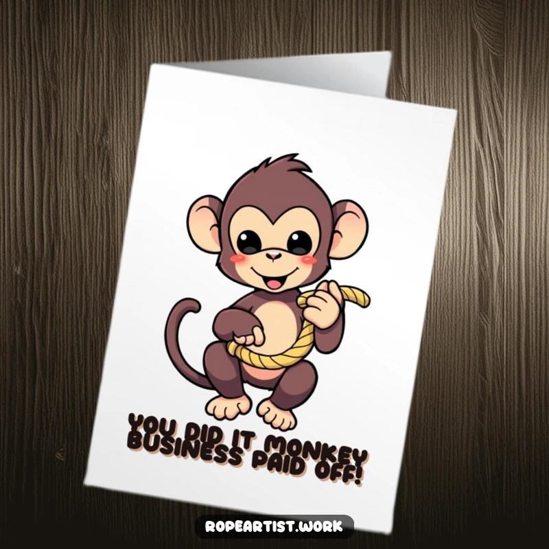 Funny Free Printable Congratulations Card: Energetic monkey character holding coiled rope, celebrating a big win with playful mischief.