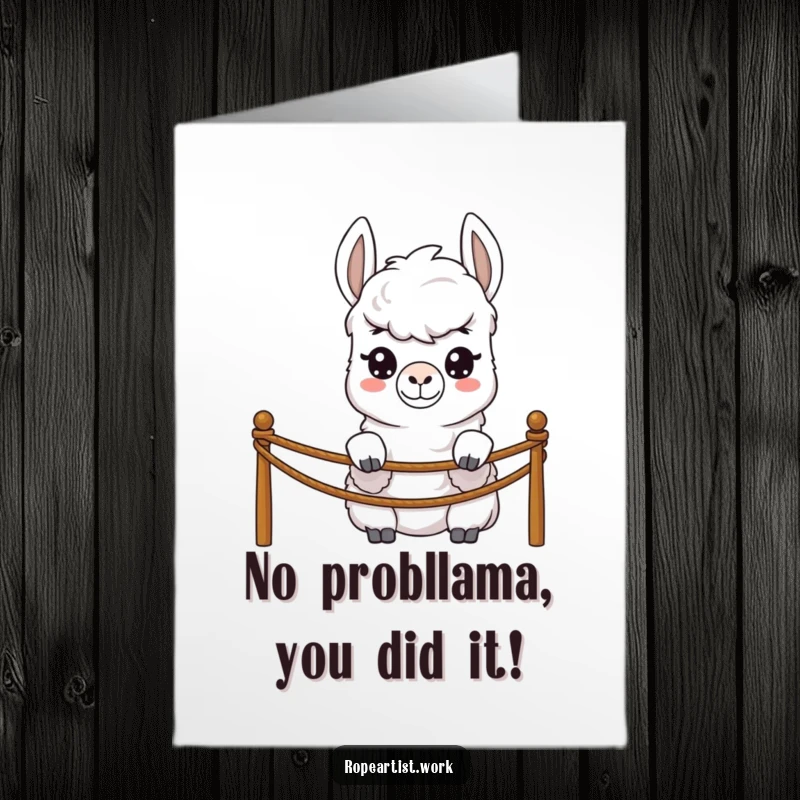 Funny Free Printable Congratulations Card: A shy llama character peeking over a rope barrier, celebrating a win with quiet delight.