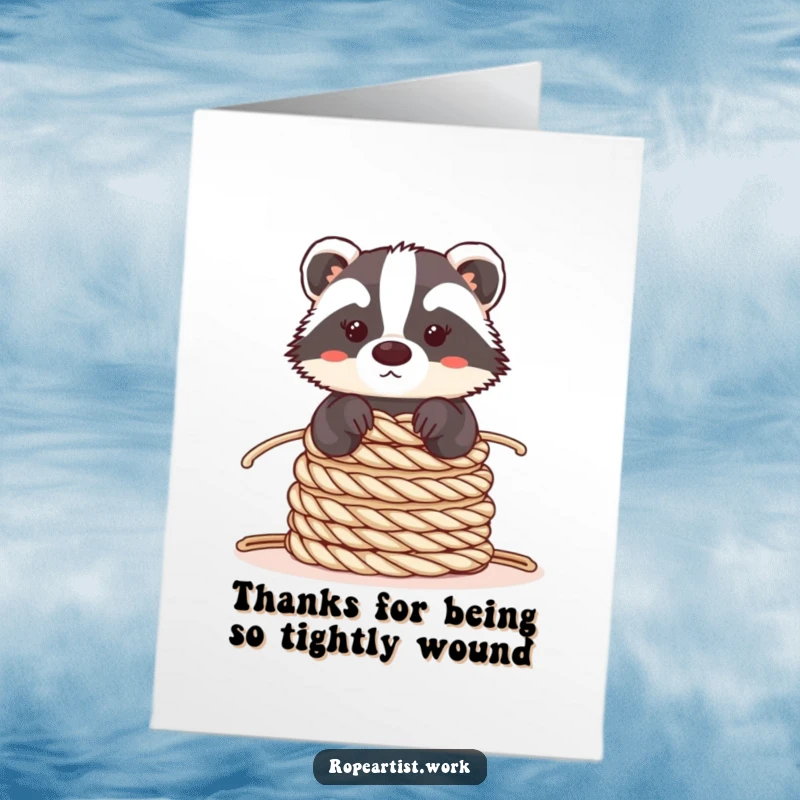 Funny free printable thank you card: A cute kawaii badger carefully balancing a stack of coiled ropes, symbolizing support.