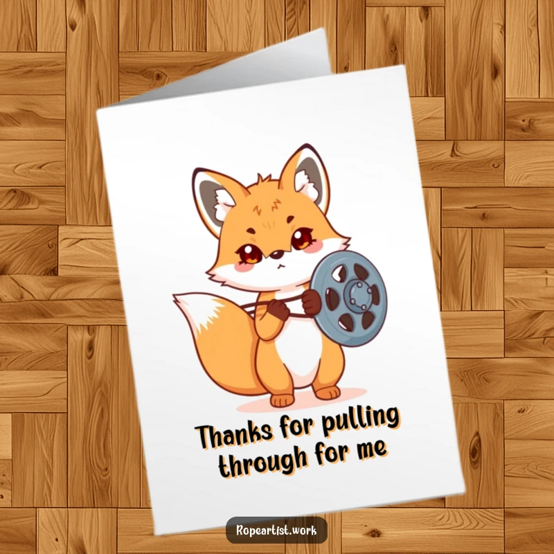 Funny free printable thank you card: Determined kawaii fox adjusting a large pulley, showing appreciation for hard work.