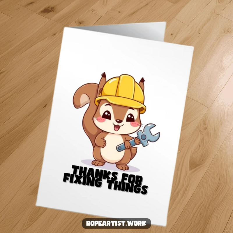 Funny Free Printable Thank You Card with a kawaii squirrel in a hard hat holding a wrench, offering thanks.