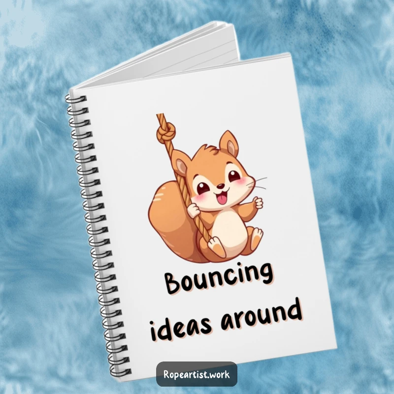 Funny squirrel notebook with a kawaii character swinging from a thick rope, perfect for notes and journaling.