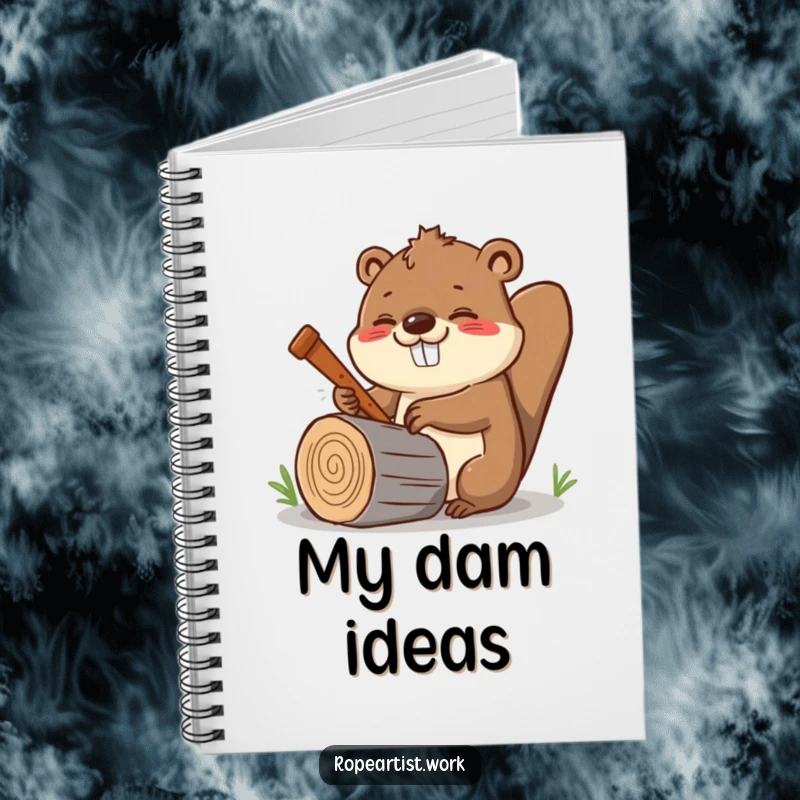 Funny Kawaii Beaver Notebook with a cheerful beaver enthusiastically sawing a log, perfect for writing.