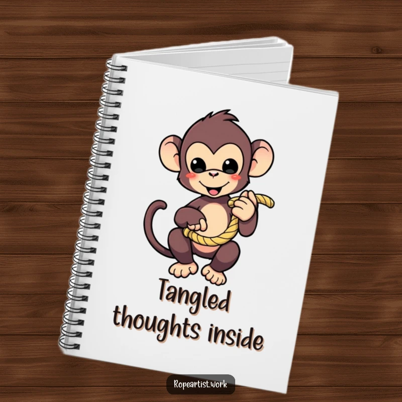 Funny monkey notebook featuring a cute character playfully holding a coiled rope, ideal for journaling and notes.