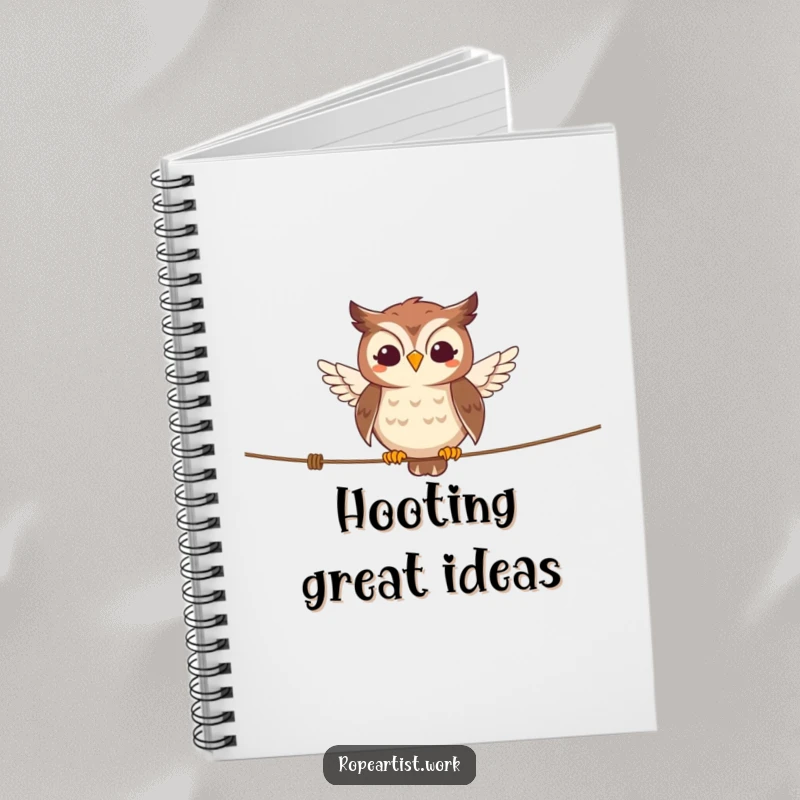 Funny owl notebook with a smiling character balancing on a tightrope, perfect for notes and journaling.