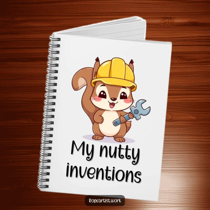 Funny Kawaii Squirrel Notebook with a cute squirrel wearing a hard hat and holding a tiny wrench, perfect for writing.