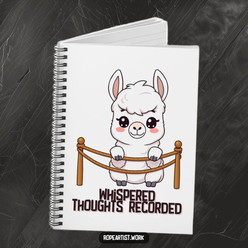 Funny llama notebook with a shy character peeking over a rope barrier, perfect for notes and journaling.