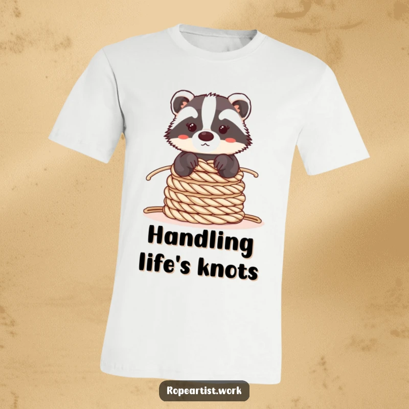 Funny Kawaii Badger T-Shirt featuring a cute badger with perfect balance holding coiled ropes, perfect for calm individuals and nature fans.