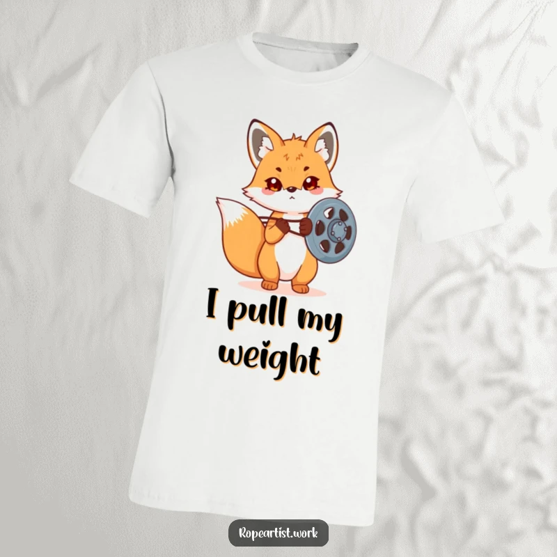 Funny Kawaii Fox T-Shirt featuring a cute fox concentrating on adjusting a large pulley, perfect for hardworking individuals and pet owners.