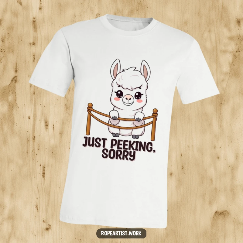 Funny llama t-shirt with a shy character peeking over a rope barrier, a humorous and understated apparel choice.