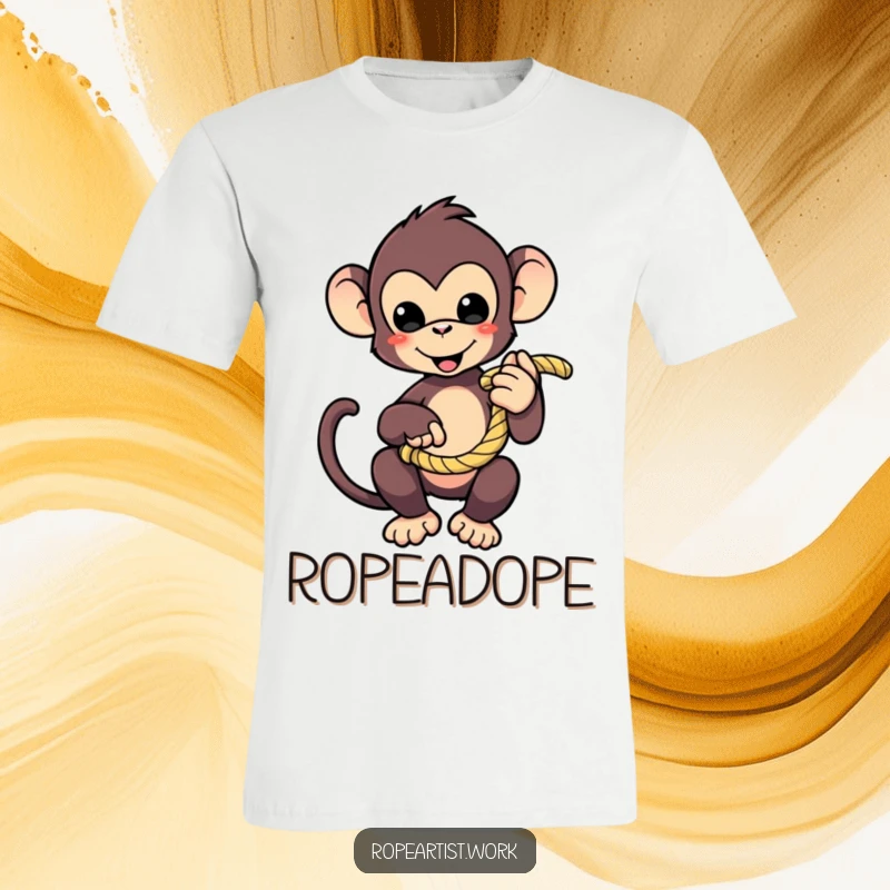Funny monkey t-shirt showcasing a cute character playfully holding a coiled rope, a hilarious gift for primate lovers.