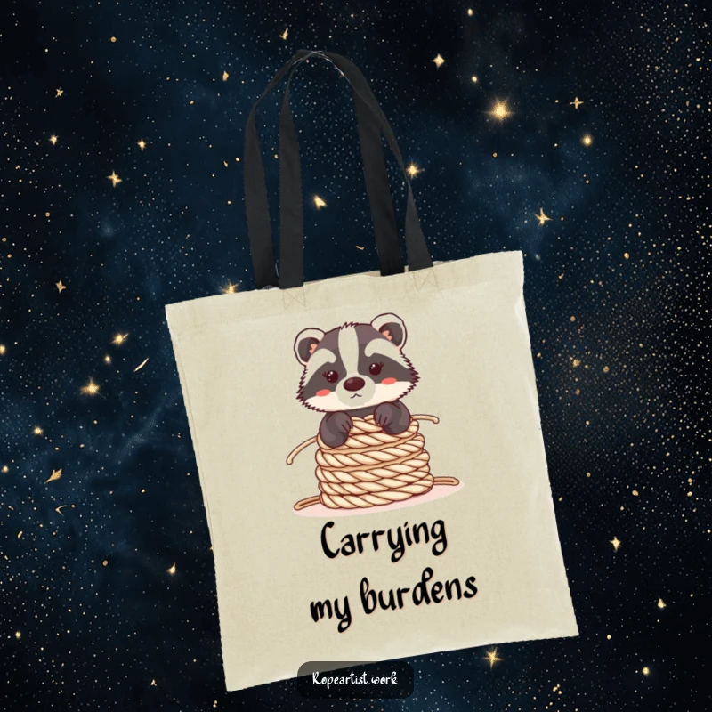 Funny Kawaii Badger Tote Bag with a cute badger balancing ropes, ideal for shopping and daily use, offering a humorous, stable vibe.