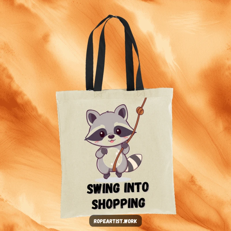Funny Kawaii Raccoon Tote Bag with a cute raccoon swinging dynamically, great for shopping and daily use, offering a humorous vibe.