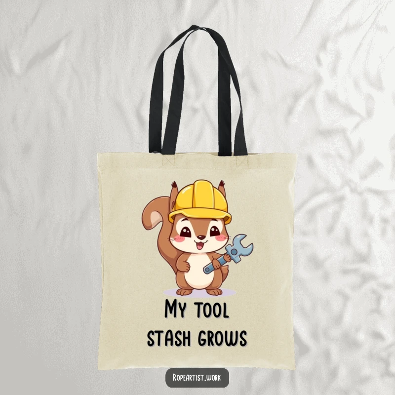 Funny Kawaii Squirrel Tote Bag with a cute squirrel wearing a hard hat and carrying a tiny wrench, perfect for hauling items.
