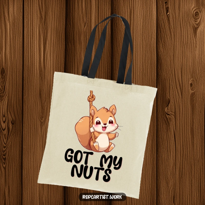 Funny squirrel tote bag with a kawaii character swinging from a thick rope, perfect for shopping and daily use.